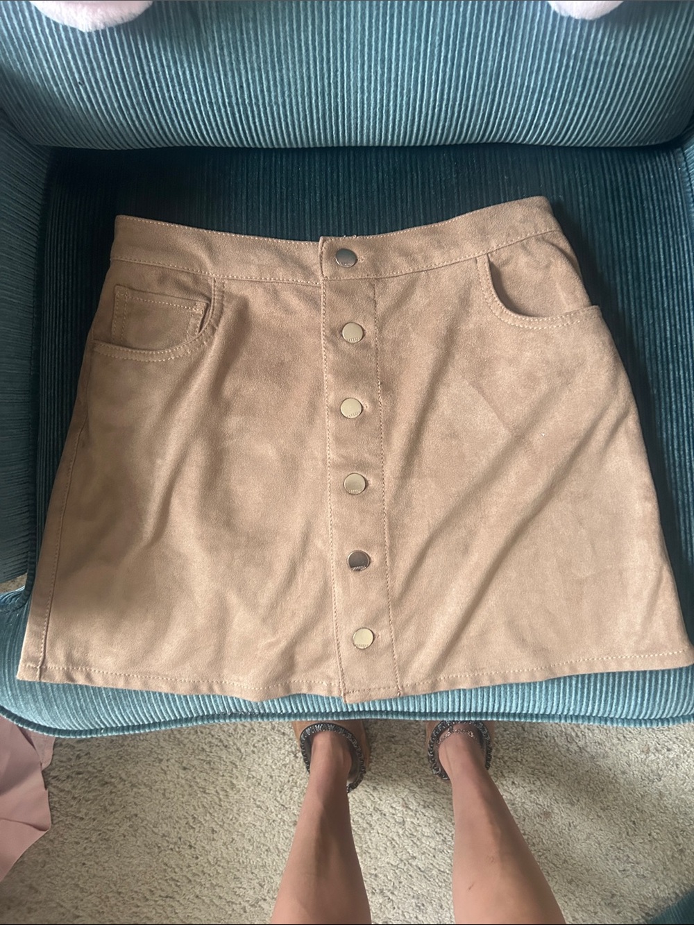 Express Button-Front Faux Suede Mini Skirt in Camel